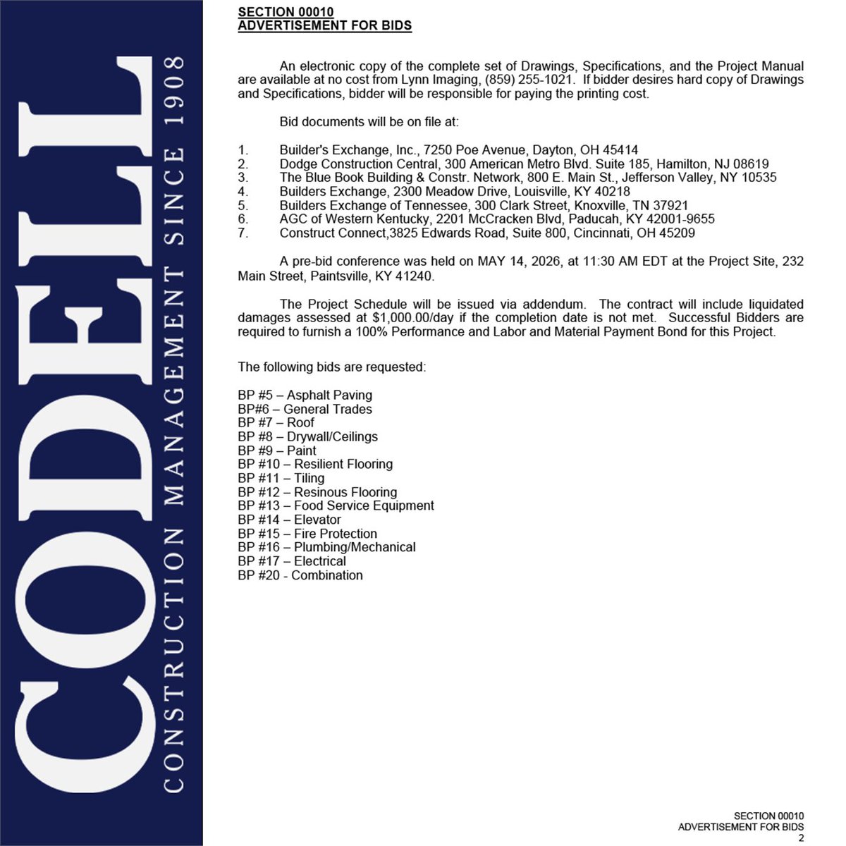 CodellCM's tweet photo. Per Addendum 4, the Bid Date for BG No. 24-395 Paintsville STEAM Academy-Phase III-Interior &amp; Other Select Improvements has changed to June 2, 2026 at 2:00 PM EDT. The Bid Opening Location has been moved to the Paintsville High Library at 225 2nd Street, Paintsville, KY 41240. https://t.co/Nte5vyNWUe