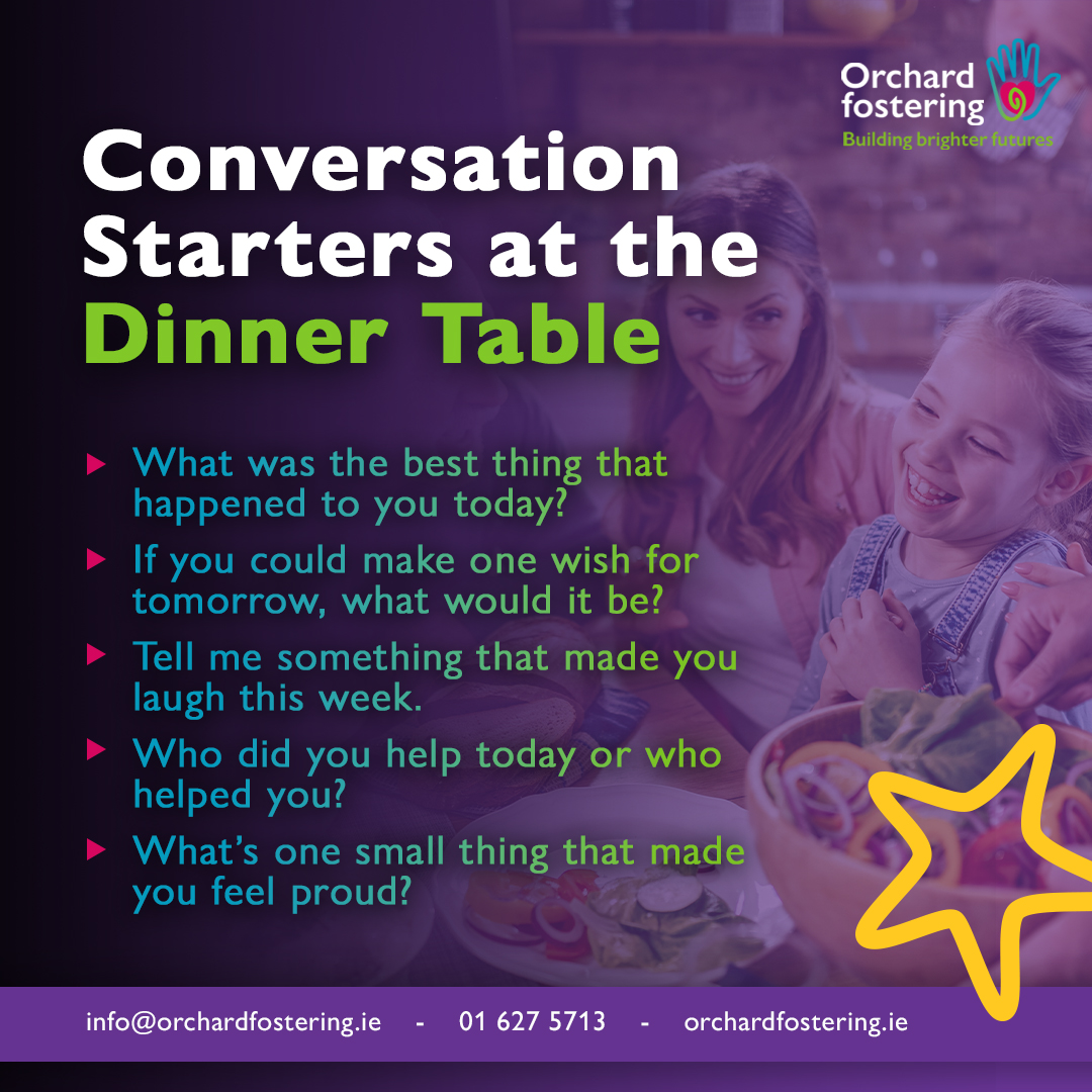 OCSFostering's tweet photo. Looking for a gentle way in at the dinner table? 💬

Try one of these questions tonight and see where the chat goes 💛

info@orchardfostering.ie | 01 627 5713

#OrchardFostering #FosteringIreland #CareAndConnection https://t.co/krtorp5K2Q