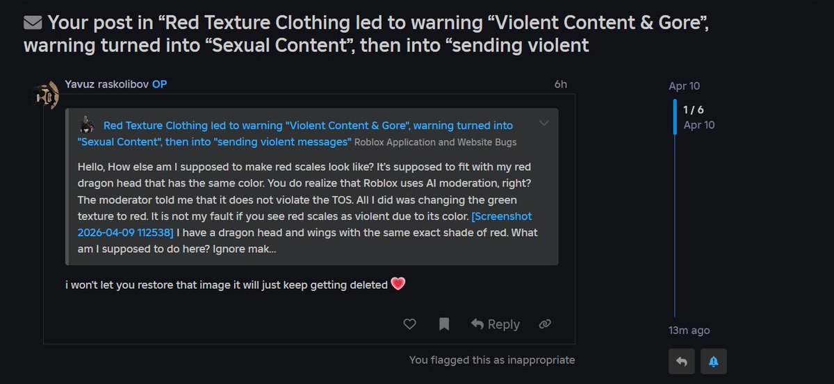 TheEdgyGoat's tweet photo. The person that has been false reporting me over my previously RESTORED UGC asset is a VERIFIED user on Roblox.
#RobloxDev #RobloxUGC #UGC
https://t.co/pxHVmHNZFS https://t.co/A5nVFeBIek