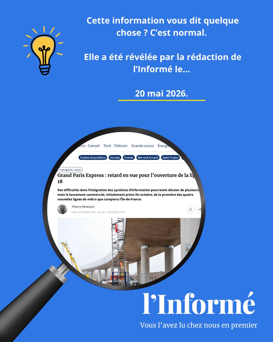 LInforme_'s tweet photo. 🔎 Retard sur la ligne 18 du Grand Paris Express : l’info fait la Une aujourd'hui après une visite de presse. 

Mais nos abonnés le savaient déjà depuis une semaine grâce à @thierrymestayer. 😎

Gardez un temps d'avance en vous abonnant à l'Informé ⤵️

https://t.co/hA4M1p0vNf https://t.co/D51IWytzS4