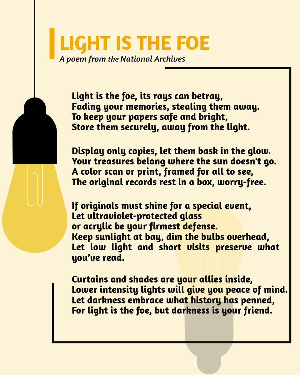 USNatArchives's tweet photo. UV light, you’ve been officially called out! 😤🚫
Our annual #PreservationMonth poem returns to throw some shade (literally) on one of the biggest threats to your photos and papers: extended exposure to light.

Learn more preservation tips: https://t.co/QS5yGOIVye https://t.co/6HYoCljUA0