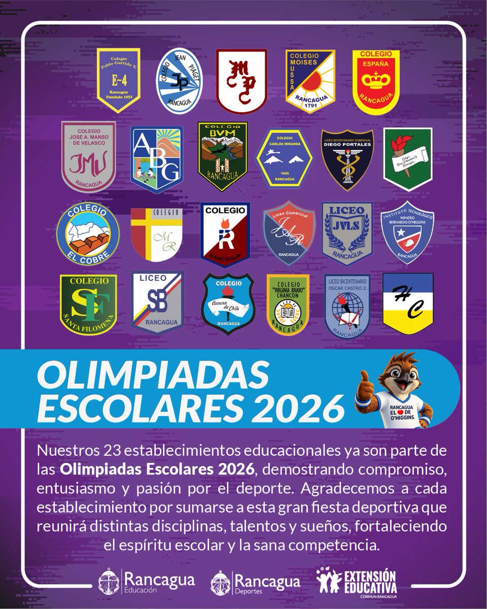 Cormun_Rancagua's tweet photo. ¡Hoy comienzan oficialmente las Olimpiadas Escolares 2026! 🏆 

23 de nuestros establecimientos educacionales ya están listos para demostrar todo su compromiso, entusiasmo y pasión por el deporte en esta gran fiesta comunal. https://t.co/PxqTPknHFl