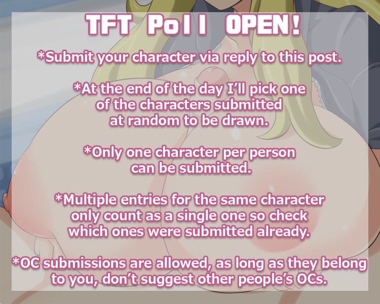 1Jcdr's tweet photo. wen day is dark alway rember happy boob

🍈TFT is a weekly raffle where I draw a character giving a titfuck, then the day after I draw that character with a lactation alt, make sure you're ok with the character you submit being in that situation before submitting!🍈 https://t.co/TTIL6fIZ7i