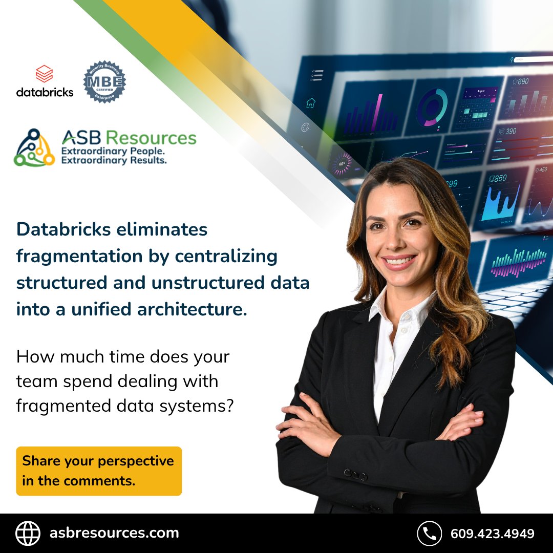 ASB_Resources's tweet photo. Data silos often prevent organizations from extracting full business value from analytics investments. Databricks eliminates fragmentation by centralizing structured and unstructured data into a unified architecture. 
#Databricks #DataStrategy https://t.co/W6xJsG9b4q