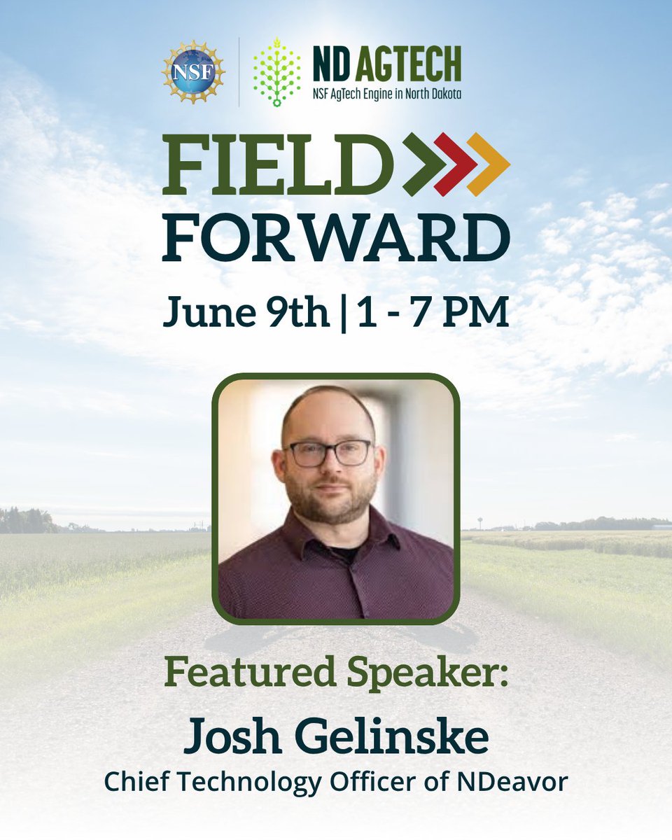 NDAgTechEngine's tweet photo. Field Forward is where research meets reality. 🌱 As CTO of NDeavor, Josh leads the translation of university research into deployable AgTech solutions across agriculture, energy, and defense. Register today to save yourself a seat! 📅 https://t.co/u4DAEc2nX7 https://t.co/wp0riEW78x