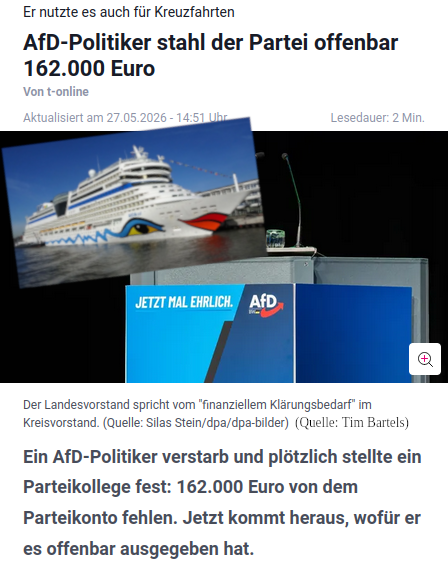 DemokratieV's tweet photo. In Weidels BW-Landesverband, autokratisch von Frohnmaier regiert, klaute der AfD-Schatzmeister 162.000€ für Aida-Kreuzfahrten. Unkontrolliert als Finanzrat-Vize. Die Partei merkte es erst nach seinem Tod: Nur 800€ blieben, 98.000€ davon gestohlenes TK-Geld. 

#AfDKorrupt https://t.co/bxwLzQdXzM