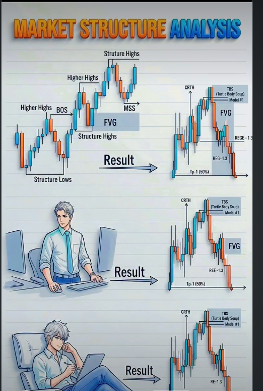 Realfinancial2's tweet photo. 🚨MASTER MARKET STRUCTURE LIKE A PRO 

✔️ Higher Highs / Lower Lows – Define trend direction

✔️ BOS (Break of Structure) – Confirms trend continuation

✔️ MS (Market Structure) – Key support/resistance zones

✔️ FVG (Fair Value Gap) – Imbalance areas for potential reversals

✔️ CRTH (Change in Character) – Trend shift signal

✔️ TBS (Turtle Body Soup) – Model #1 entry setup

✔️ REG‑1.3 – Specific retracement zone

✔️ TP‑1 (50%) – First profit target at 50% level

✍️Spot structure highs/lows → Apply FVG + TBS → Manage with REG‑1.3 & TP‑1.

Level up your structural edge today!