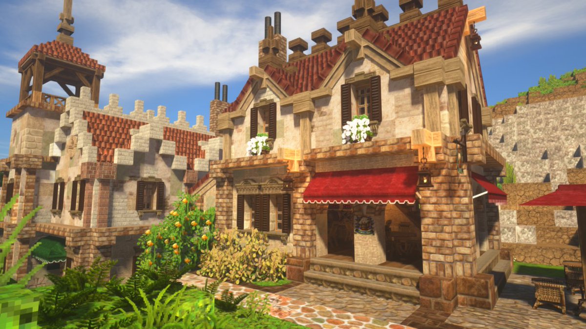 justinia_mc's tweet photo. 港から崖上に上がる道沿いに酒場を作りました。
港町と言えば酒場。

しかし崖の裂け目のような狭い場所に作られた港なので建物が窮屈ですね。
その窮屈さも味わいだけど。
地形を生かして活気のある雰囲気の町にしていきたいものです。

#Minecraft
#MiniaTuria https://t.co/rfHFWGIdCW