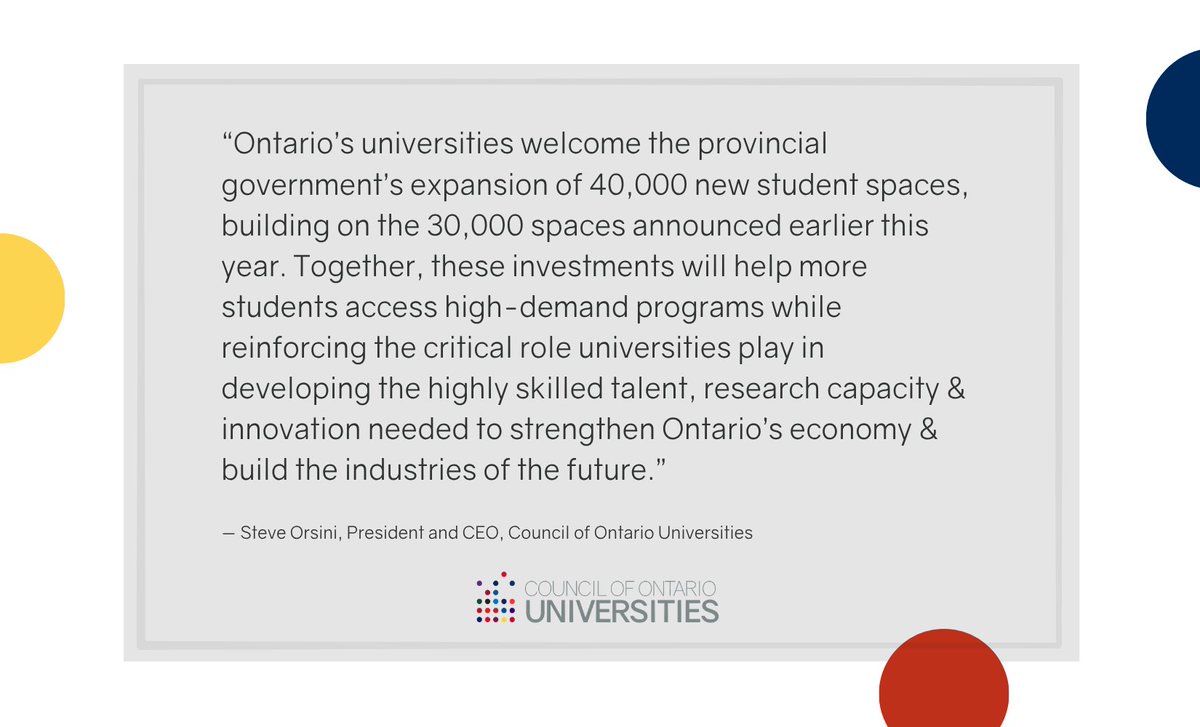 OntUniv's tweet photo. Ontario's universities are ready to meet growing demand—and welcome the province’s expansion of 40,000 additional student spaces. Read the full statement here: https://t.co/nioqLsvcVD #ONpse #ONpoli @nolanmquinn @PBethlenfalvy @lornecoe @OntarioCofC @DrStevenMurphy https://t.co/4YdZsOUgb4