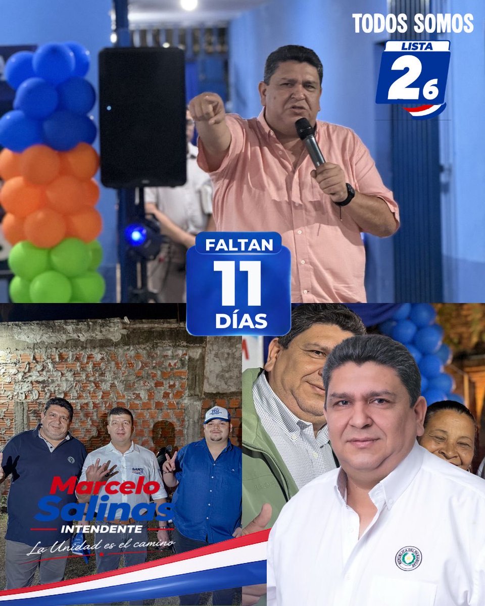 MarceloSalinasd's tweet photo. ⏳ Faltan 11 días para las internas partidarias.
Seguimos firmes, cerca de la gente, escuchando y acompañando a cada ciudadano de Mariano Roque Alonso. 🇵🇾💪🏻

Compromiso de seguir avanzando juntos.

✅ MARCELO SALINAS INTENDENTE
🗳️ LISTA 26

#MarceloSalinas #MarianoRoqueAlonso https://t.co/3DwZiSrJ6W