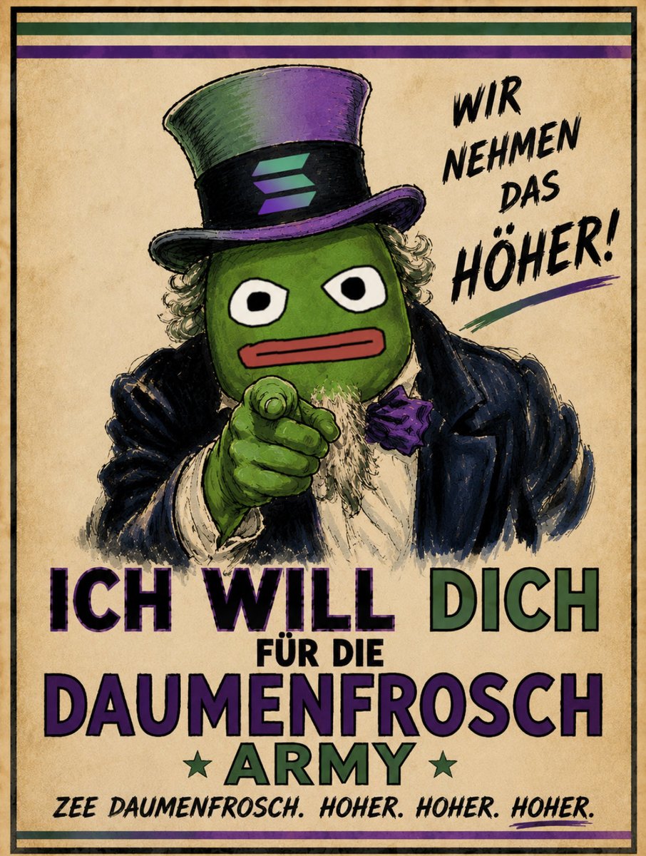daumenonsolana's tweet photo. You laugh at 100k?
Nein… ve accumulate. 1k for 1% is disgusting.

16M ATH already happened. 160x from here, mein Daumen. 3,500 holders.consistent floor. Consistent culture. Consistent memes.

HÖHER. https://t.co/0ECbstMqQr