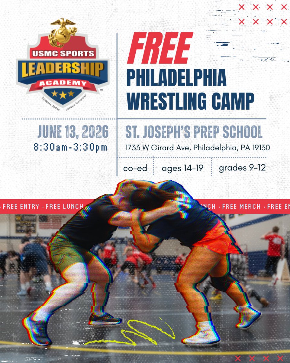 USMCSLA's tweet photo. Our FREE wrestling camp in Philadelphia is just 2 weeks away! Join us on 6/13 to train, compete, and take your skills to the next level. 

📅 June 13, 2026 | ⏰8:30AM -3:30PM | 📍St. Joseph's Prep School

Open to high schoolers (14-19) 

 Register here https://t.co/XplttY7pq0 https://t.co/OEh32nJTGY