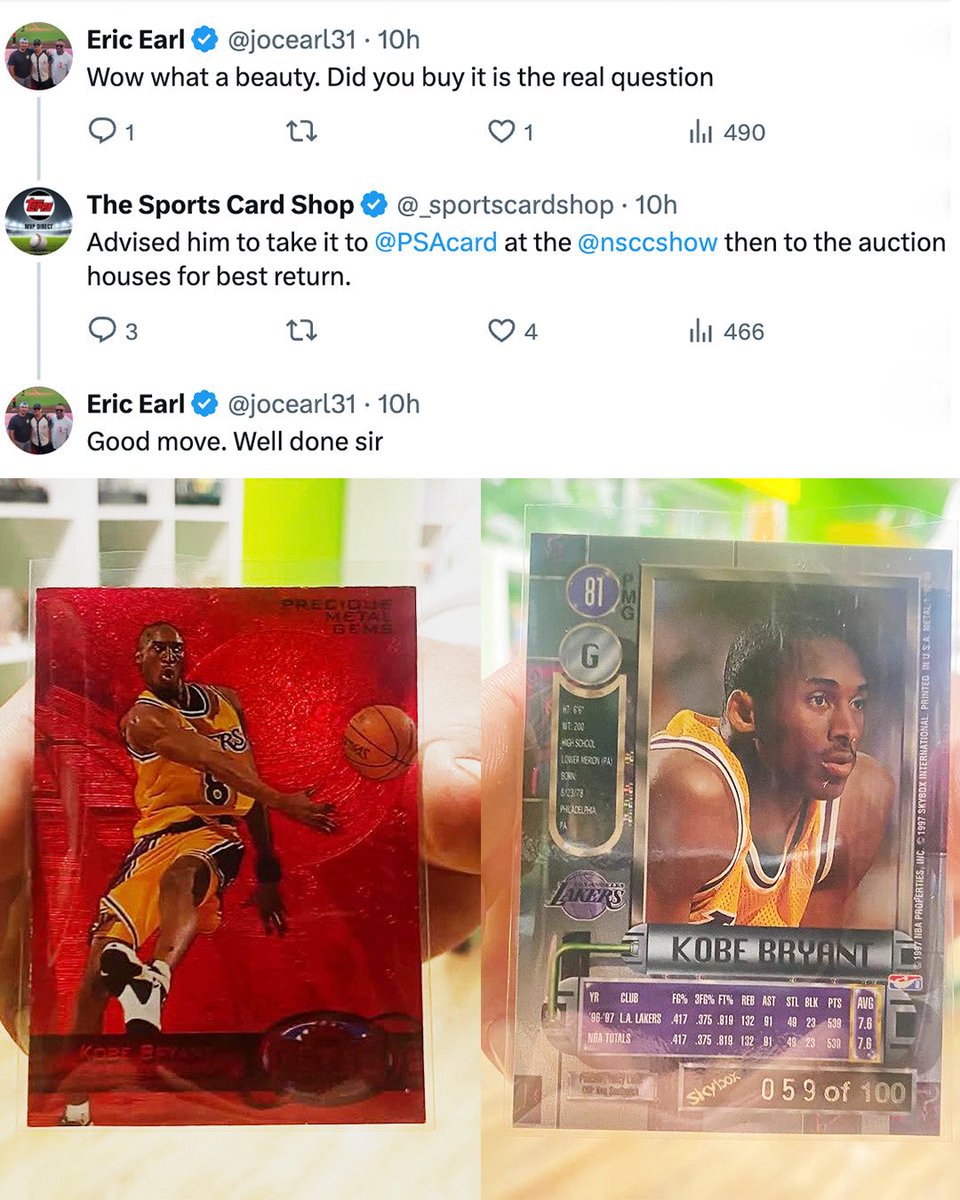 TroveCollector's tweet photo. Imagine walking into a card shop and finding out the Kobe card you brought in could be worth nearly half a million dollars. 😳

That happened at The Sports Cards Shop in Michigan, who advised the owner to get it graded and sent to auction.

A PSA 5 just sold for $432k last week. https://t.co/gXS0a5oBGk