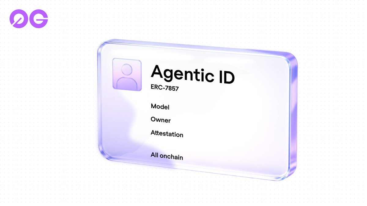 0G_labs's tweet photo. Agentic ID (ERC-7857): an onchain passport for AI agents.

Ownership and attestations live onchain. Agent state is encrypted on 0G Storage and re-keyed on every transfer.

When an agent acts, you can prove which agent it is, who owns it, and that the sealed model ran correctly. https://t.co/M5JjnNCDTB