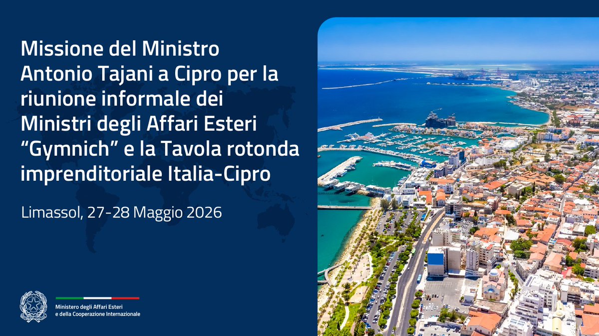 ItalyMFA's tweet photo. 🔴 Il Ministro @Antonio_Tajani è in missione a #Cipro per la riunione informale dei Ministri degli Affari Esteri “Gymnich” e la Tavola rotonda imprenditoriale Italia-Cipro.
👇
https://t.co/6WJd4yPPIj

@ItalyinCyprus https://t.co/r1YjCynPok