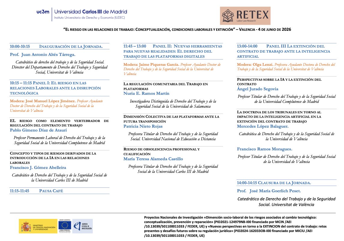 AEDTSS's tweet photo. Les informamos sobre la jornada «El riesgo tecnológico en las relaciones de trabajo: Conceptualización, condiciones laborales y extinción».

📍Universidad de Valencia.

🗓️ 4 junio.

📑Programa: https://t.co/CweeJHvP8L

🔗 https://t.co/8dUEQ6lpQY https://t.co/F7TkCiIsiK