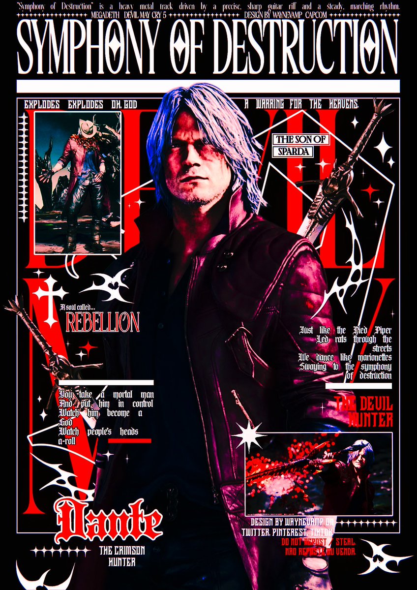 waynevamp's tweet photo. “ The Earth starts to rumble,
World powers fall.
A warring for the heavens,
A peaceful man stands tall. ” 🔥

MEGADETH x DANTE !
Depois de um tempão, fiz a versão dele também. ❤️‍🔥

#DevilMayCry #DanteSparda #DMC5 https://t.co/VBzyrdLQdQ