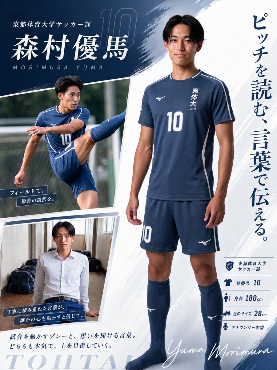 DAZ_daisuke's tweet photo. 森村優馬【180㎝/28.0㎝】
東都体育大学サッカー部4年・背番号10
��撃的MF／トップ下  
冷静に周りを見てパスを散らす司令塔。
落ち着いた声と説明力でチームの信頼も厚い
将来の夢はスポーツアナウンサー！
#東体大スポーツ #太平町住民の日常 https://t.co/vDFfEvOlGb