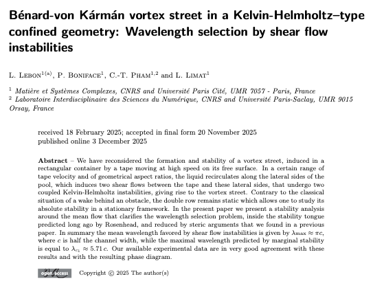 epl_journal's tweet photo. FREE TO READ - OPEN ACCESS:

Bénard-von Kármán vortex street in a Kelvin-Helmholtz–type confined...

by L. Lebon, P. Boniface, C.-T. Pham and L. Limat

#FreeToRead #OpenAccess
@CNRS @UnivParisSaclay 

👉 https://t.co/r8bCPYj4Bk https://t.co/i8V4SXG1m9