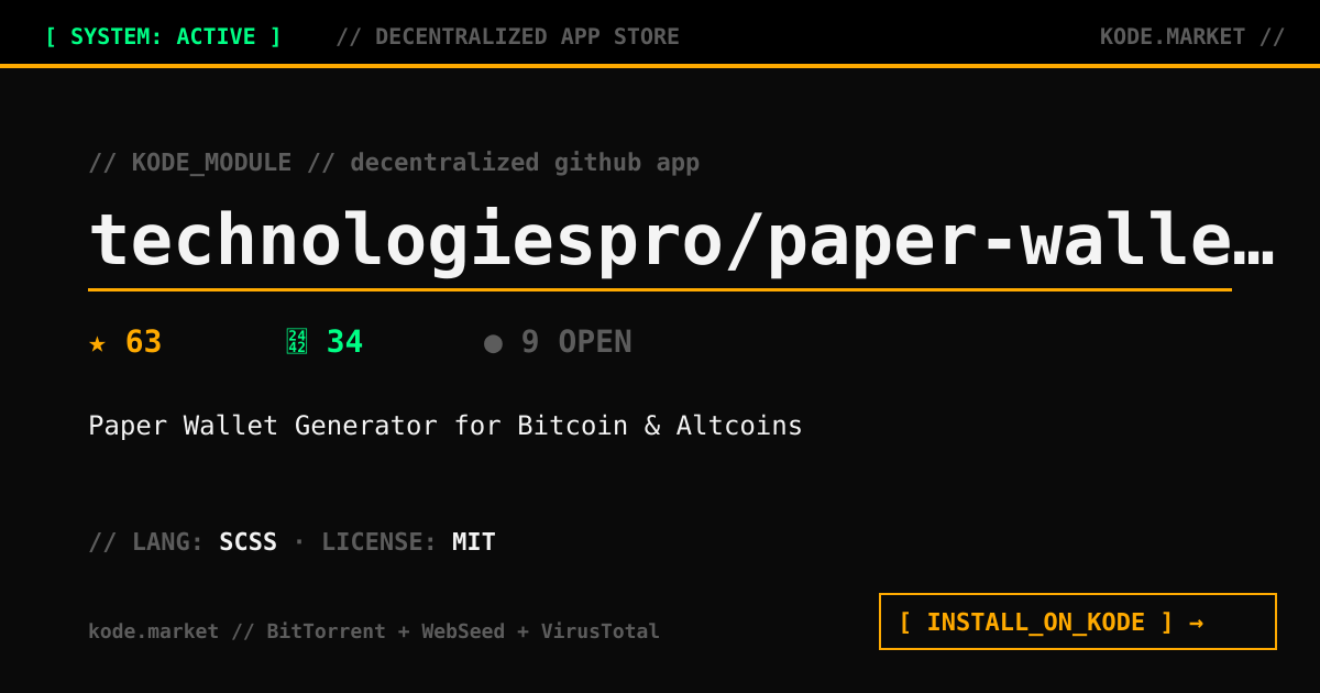 paper_wallet's tweet photo. 🚀 Just discovered [ paper-wallet-generator ] on KODE - a decentralized app store with BitTorrent + WebSeed delivery, VirusTotal verification. Install it in 1 click ↓  
✅https://t.co/Y4TAmd8EO3 

#KODE #kodemarket #OpenSource #paperwallet https://t.co/7mcXt0QkpI