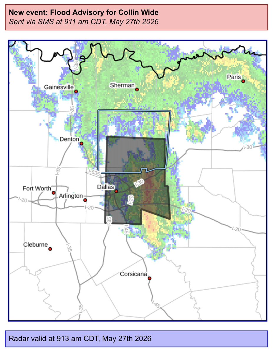 CollinARES's tweet photo. New event. Flood Advisory from 5/27/2026 9:11 AM to 11:00 AM CDT for Collin Wide. https://t.co/4xsAk9ENWy https://t.co/3JLMGBsXkS
