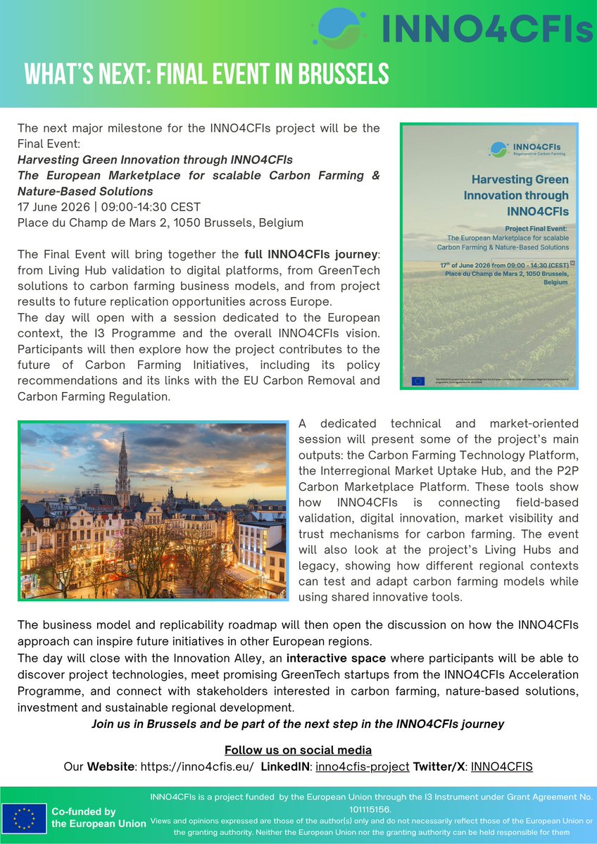 INNO4CFIs's tweet photo. 📢 The INNO4CFIs May 2026 Newsletter is out!

In this edition:
🌱 5th General Assembly in Athens
🌍 Interregional Market Uptake Hub now online
🤝 Final Event in Brussels, 17 June
Read more and follow our next steps in carbon farming innovation. 

#CarbonFarming #GreenDeal https://t.co/99LCiL35D2
