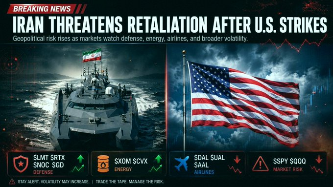 __PinkLoud's tweet photo. Iran is threatening to hit back after the U.S. bombed their missile sites and boats. The U.S. says it was self-defense, Iran calls it a ceasefire breach. Big geopolitical risk for markets. If things escalate, defense stocks could pop, but airlines, transport, and tech might suff https://t.co/XrbQscl4ts