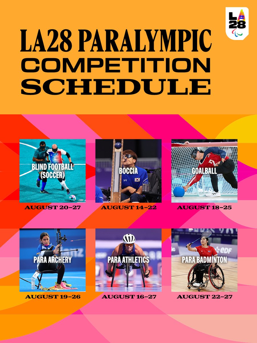 LA28's tweet photo. Mark your calendars! 🗓️

We just dropped the Paralympic competition schedule by event, offering the most comprehensive picture to date of the LA28 Paralympic Games. Head to the link below to see when every single event of the 2028 Paralympics are going down. 

🔗 https://t.co/bm9UrCSnf3