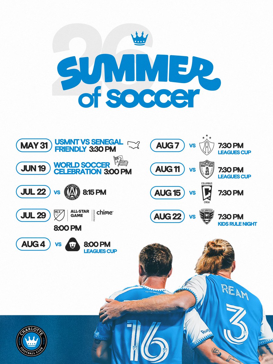 CharlotteFC's tweet photo. USMNT, MLS All-Star, and Leagues Cup, oh my!

The Summer of Soccer is upon us 😎 https://t.co/hY9N0ECwED https://t.co/lgC1WwpujQ