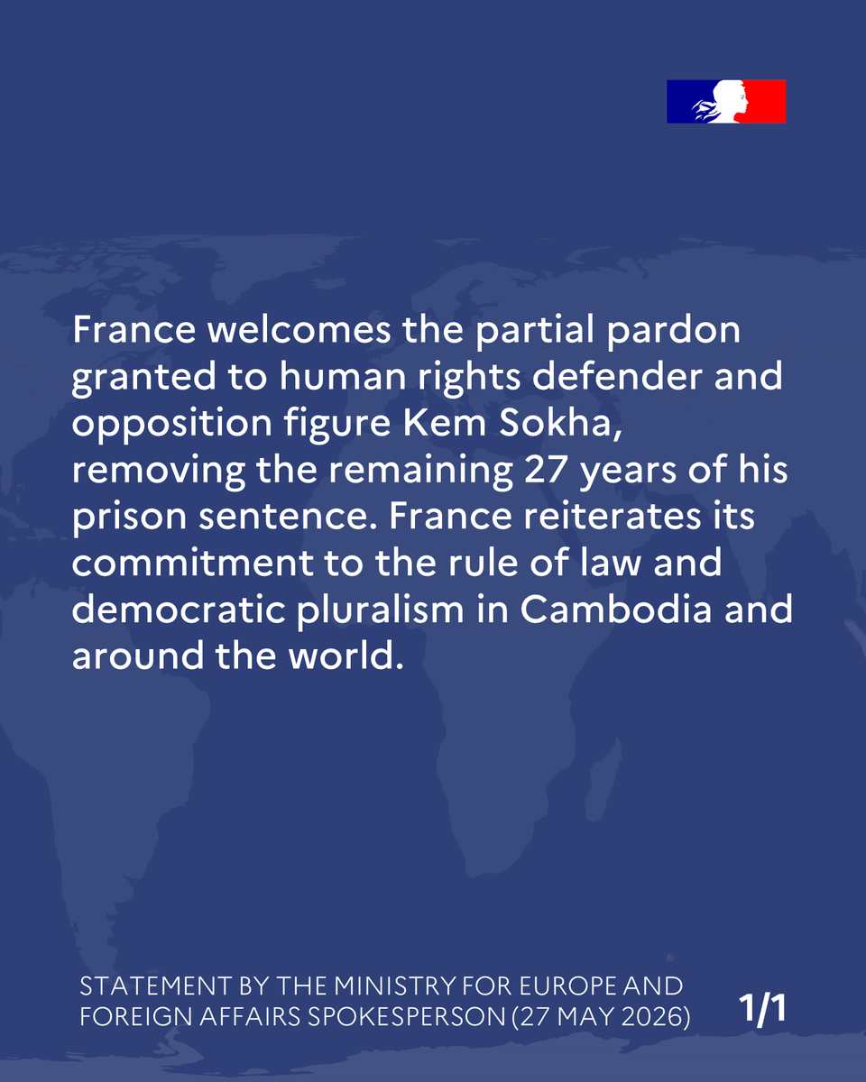 francediplo_EN's tweet photo. #Cambodia | Partial pardon granted to human rights defender Kem Sokha. https://t.co/x8S5N8cOBp