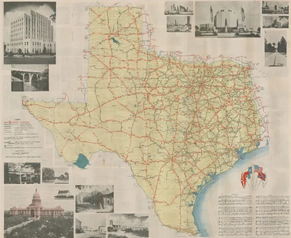 SaveTXHistory's tweet photo. The "Official Map of the Highway System in Texas" was issued in 1936 and represents the incredible growth of public road construction in the early 1900s. https://t.co/1mxPf062Jq