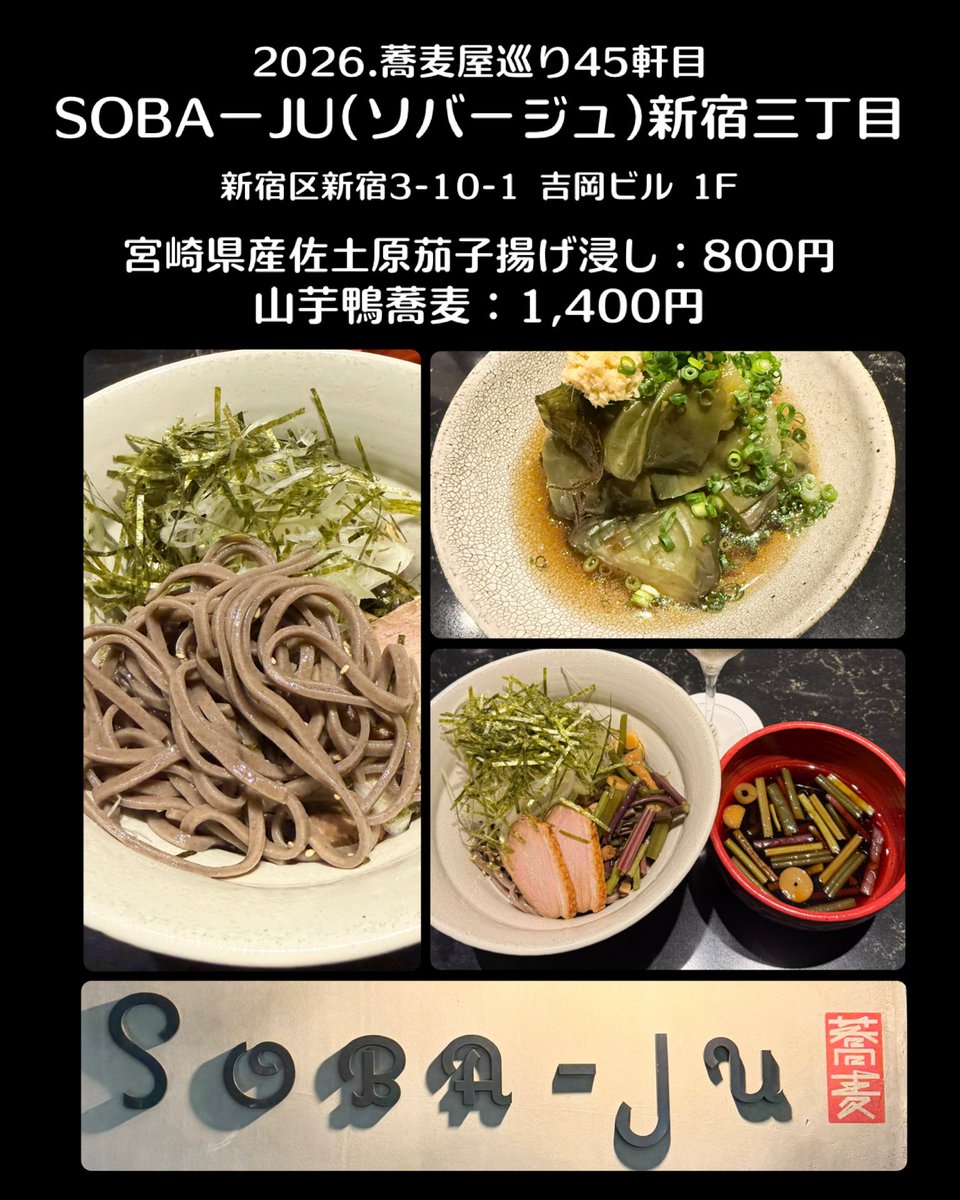 aigyok's tweet photo. 2026.蕎麦屋巡り45軒目

SOBA-JU（ソバージュ）新宿三丁目

新宿区新宿3-10-1吉岡ビル 1F

宮崎県産佐土原茄子揚げ浸し：800円
山芋鴨蕎麦：1,400円

.
#ソバージュ新宿三丁目 #新宿蕎麦屋 #蕎麦屋めぐり #蕎麦屋 #蕎麦屋めぐり https://t.co/EchidVKo5o