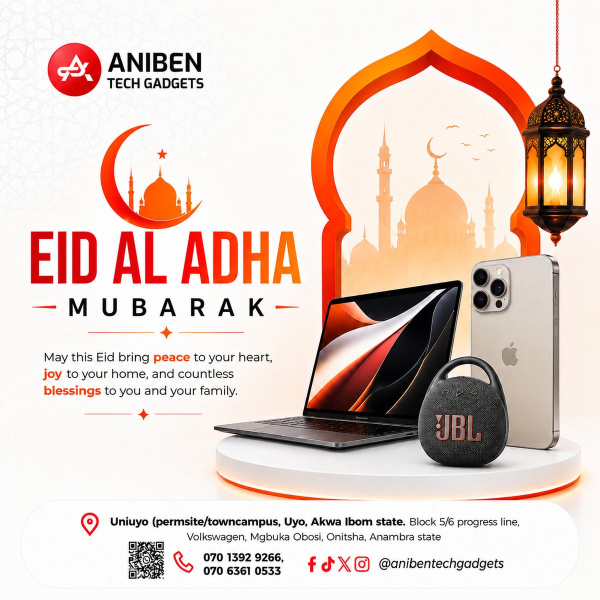 AnibenTech's tweet photo. 🌙✨ Eid Al Adha Mubarak from ANIBEN Tech Gadgets

May this blessed season fill your home with peace, happiness, and endless blessings.
Thank you for trusting us always for your gadgets and tech needs❤️🙏. 

Celebrate Eid in style with the latest devices at the best deals. https://t.co/nog7k5Sneq
