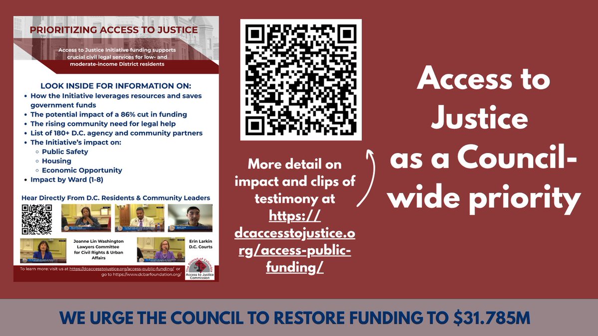 DCATJComm's tweet photo. We are keeping our eye on the Council Budget Work Session today. Great to hear all the good work in restoring important programs that support DC residents. Want to learn more about the Access to Justice Initiative? Look here! https://t.co/uWYFRu3SZc