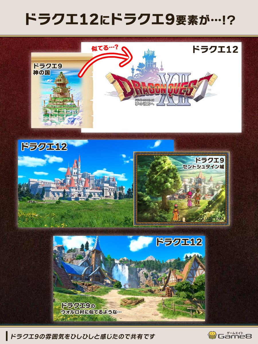 Game8_news's tweet photo. 【ドラクエ12】『ドラゴンクエストXII 夢の彼方へ』の新映像で感じた「ドラクエ9」要素。

■ロゴ
神の国に似てるような…
■セントシュタイン城に似てる
教会の配置、色、門の形など
■ウォルロ村にも似てる！
景観や教会の配置など

#DQ40th #ドラクエの日
