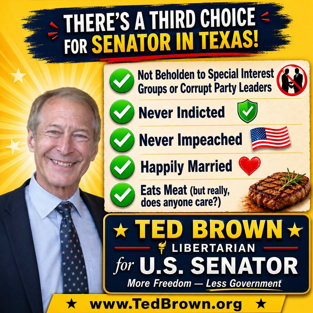 TedBrownLiberty's tweet photo. Texas Republicans followed the orders of their Orange Master and nominated corrupt AG Ken Paxton for Senator. The good news is that John Cornyn, a poster boy for term limits, will leave office in a few months. For Texans who want an independent Senator who defends the Constitution, there is a third choice in November.