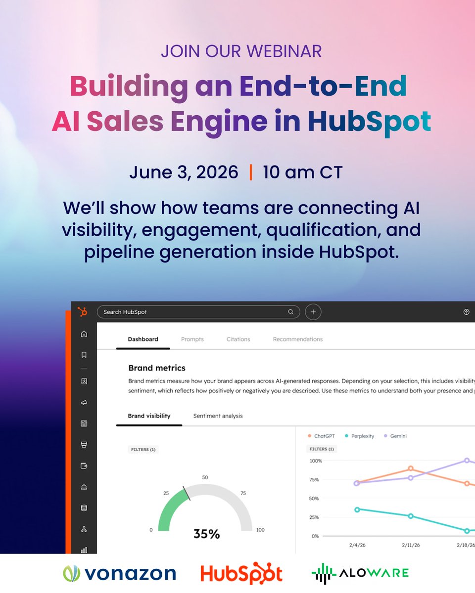 Vonazon's tweet photo. Most teams use AI in isolation. On June 3, join Vonazon, HubSpot &amp; Aloware for a live look at connecting AI agents into one coordinated RevOps motion. 🚀

RSVP: https://t.co/bFJKQArPkO

#HubSpot #RevOps #MarketingOps @alowaretalk https://t.co/u0NG330EaI