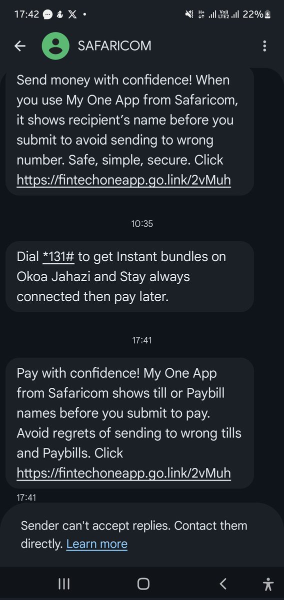 kevorango's tweet photo. @Safaricom_Care stop this, it is annoying. I have both mySafaricom and MyOneApp installed. In fact, I was part of the beta test group, you should know. I know you can locate me, you know the device I use and you can tell I'm which of your apps I'm using. Stop this harassment. https://t.co/6zJM7N3cZc
