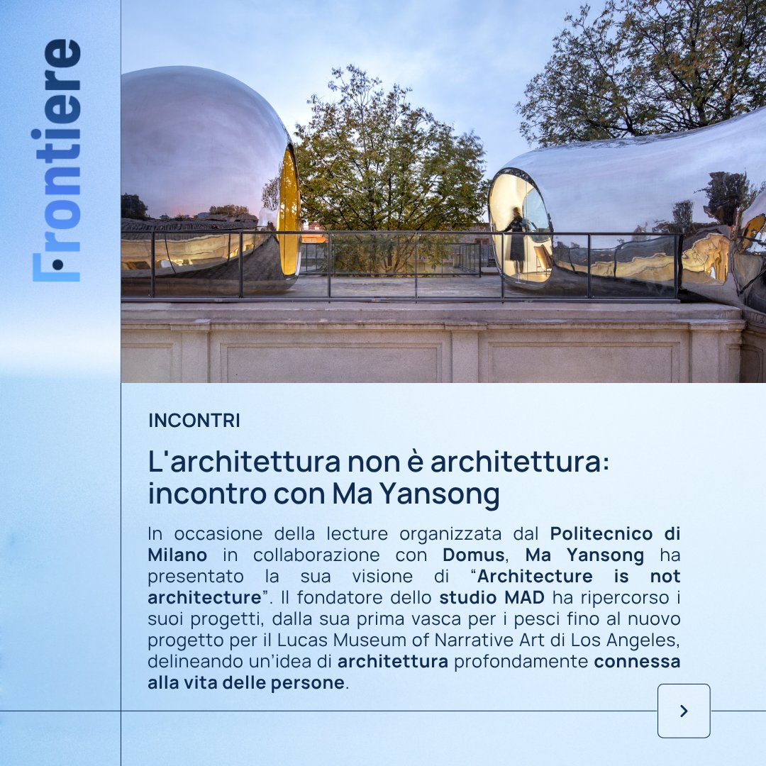polimi's tweet photo. At @polimi, in a lecture organized with @DomusWeb, Ma Yansong reflects on architecture as a relationship between people, landscape, and environment. From MAD Studio to the upcoming Lucas Museum, his work blends nature and culture, drawing on Shanshui and an experiential vision of space.

Read the full article on Frontiere: https://t.co/mY8zcdOQCf

#PolimiResearch