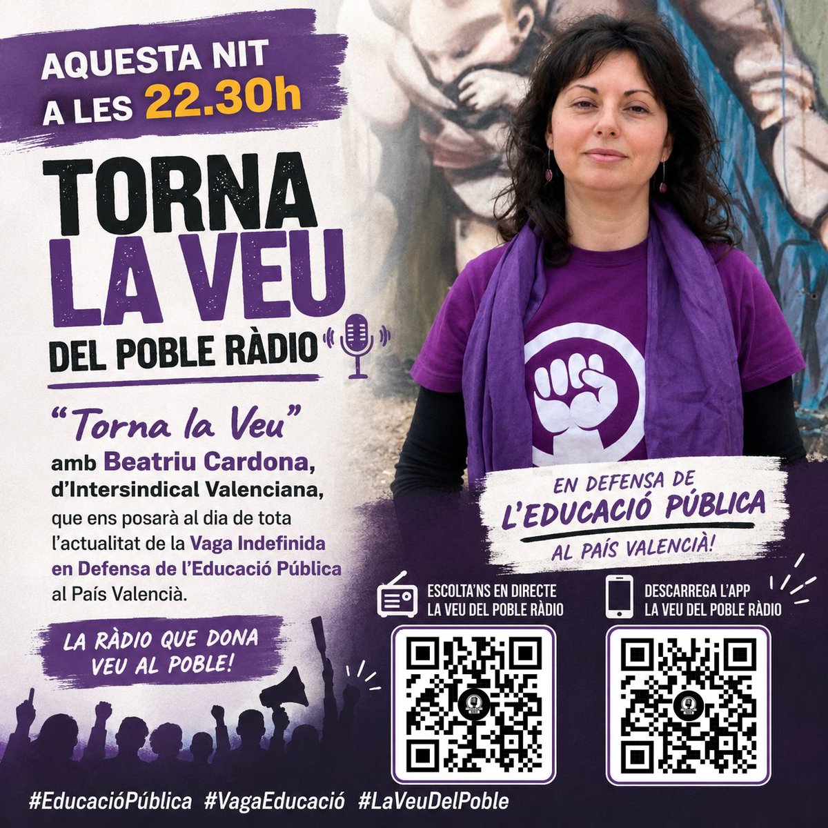 LVDPRadio's tweet photo. 🎙️Aquesta nit, 22.30h, torna #LaVeuDelPobleRàdio!

🗣️“Torna la Veu” amb @BeatriuCardona parlant de total’actualitat de la Vaga Indefinida en Defensa de l’Educació Pública al País Valencià

📻Directe
https://t.co/pnKsA7Mfkv

#EducacióPública #VagaEducació #PaísValencià https://t.co/0MvGfzWzg7