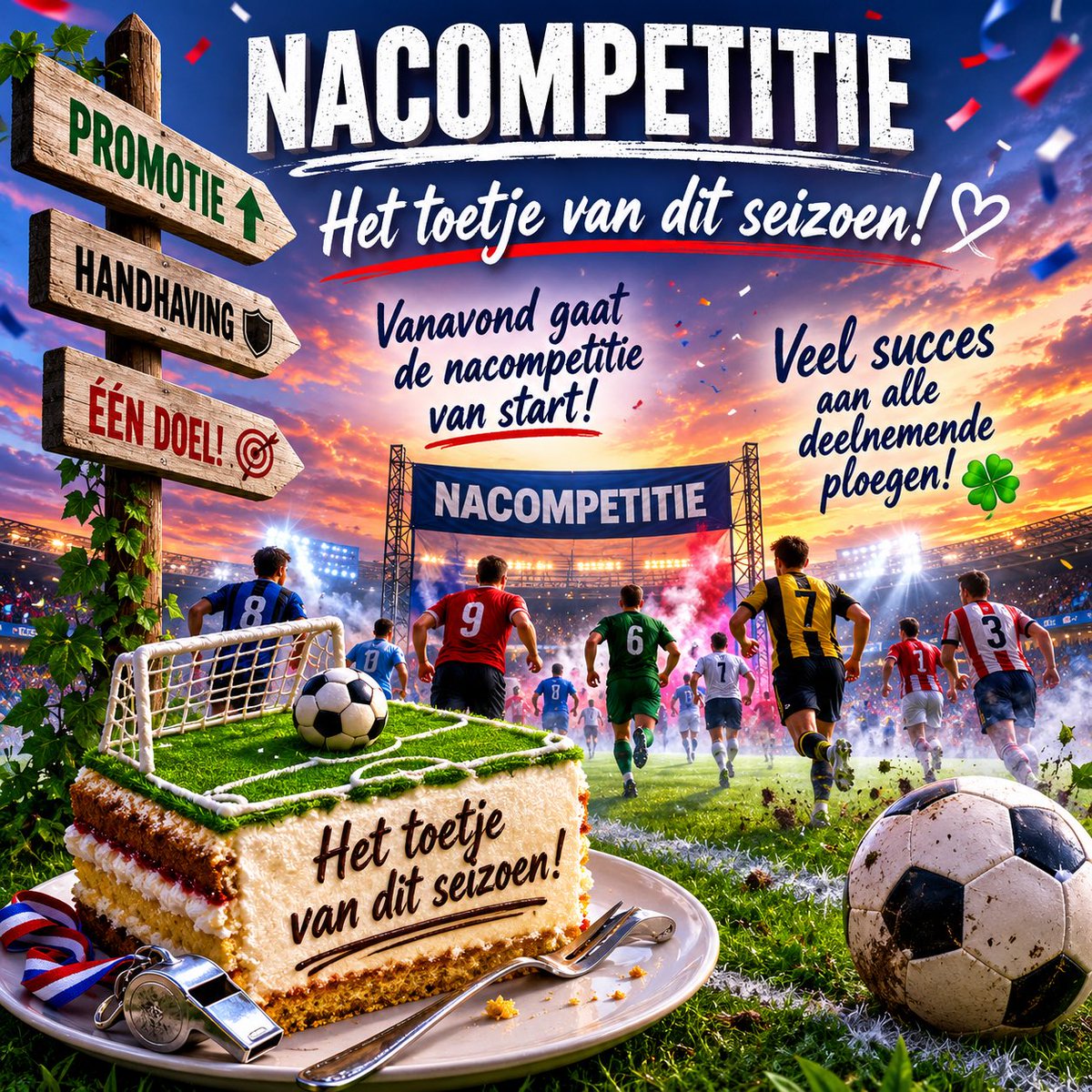 Derde_Div's tweet photo. 🍰⚽ NACOMPETITIE

De reguliere competitie zit erop, maar het toetje van het seizoen staat op het menu.

Vanavond begint de nacompetitie. Voor sommigen wacht de kans op promotie, voor anderen de strijd om handhaving. Alles waar maandenlang voor is gevochten, komt nu samen in een paar beslissende wedstrijden.

Veel succes aan alle spelers, stafleden, vrijwilligers, supporters én scheidsrechters die de komende weken onderdeel zijn van de nacompetitie! 🍀

#DerdeDivisie #Nacompetitie