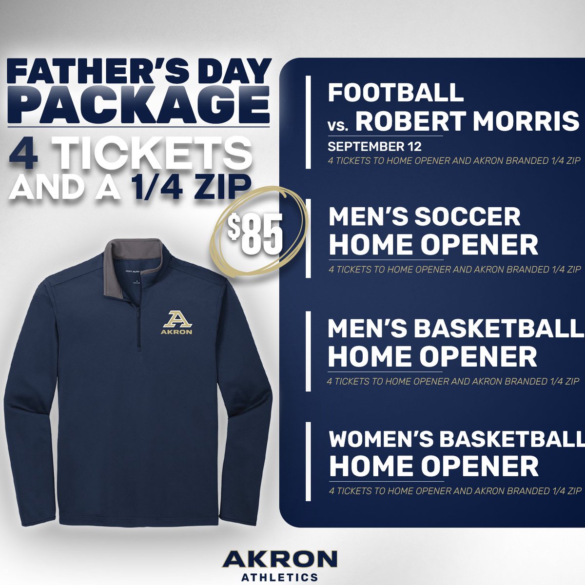 AkronZips's tweet photo. We have you covered for Father's Day 👔 Choose between any of our 4️⃣ options and an Akron branded 1/4 zip! More info ⬇️

🔗: https://t.co/jQKCM0pCax

#GoZips🦘 https://t.co/ou1j4rGDxC