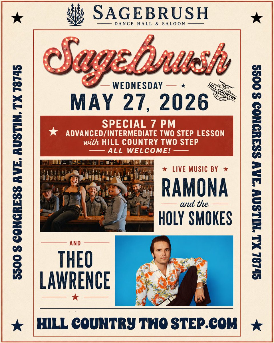 HC2step's tweet photo. At Sagebrush your 7 PM Special Advanced/Intermediate Two Step Lesson at followed by Ramona and the Holy Smokes and Theo Lawrence is back tonight! #TwoStepLessons #TheoLawrence #Sagebrush #HillCountryTwoStep https://t.co/huqfSeswqF