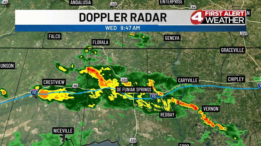 ZackWebWx's tweet photo. Heavy rain is coming down along Interstate 10 across the Florida panhandle this morning while the rest of us are dry with cloudy skies.

Coverage will be a little lower today, but we'll still see scattered showers and thunderstorms pop up around the region this afternoon. https://t.co/7L7i8bV2iP