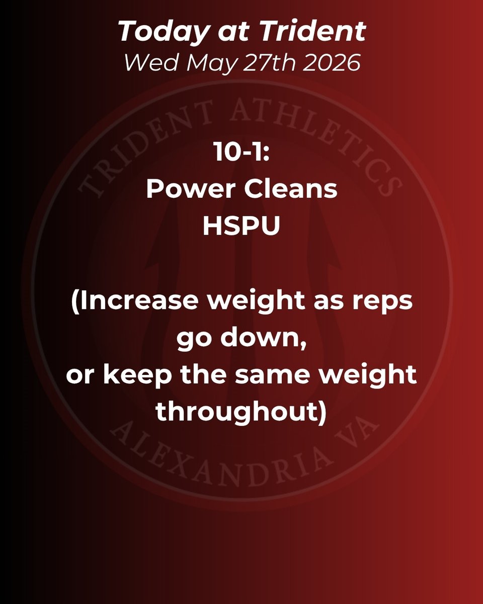 mystrsmith's tweet photo. Wednesday's WOD — Power Cleans + HSPU, ladder down.

10-1:
Power Cleans
HSPU

Descending ladder from 10 to 1. Load the bar intentionally — you can increase weight as the reps drop. Technique first, then load. Don't sandbag the start.

Show up. Do the work. Link in bio to book ... https://t.co/u5rinMjOcw