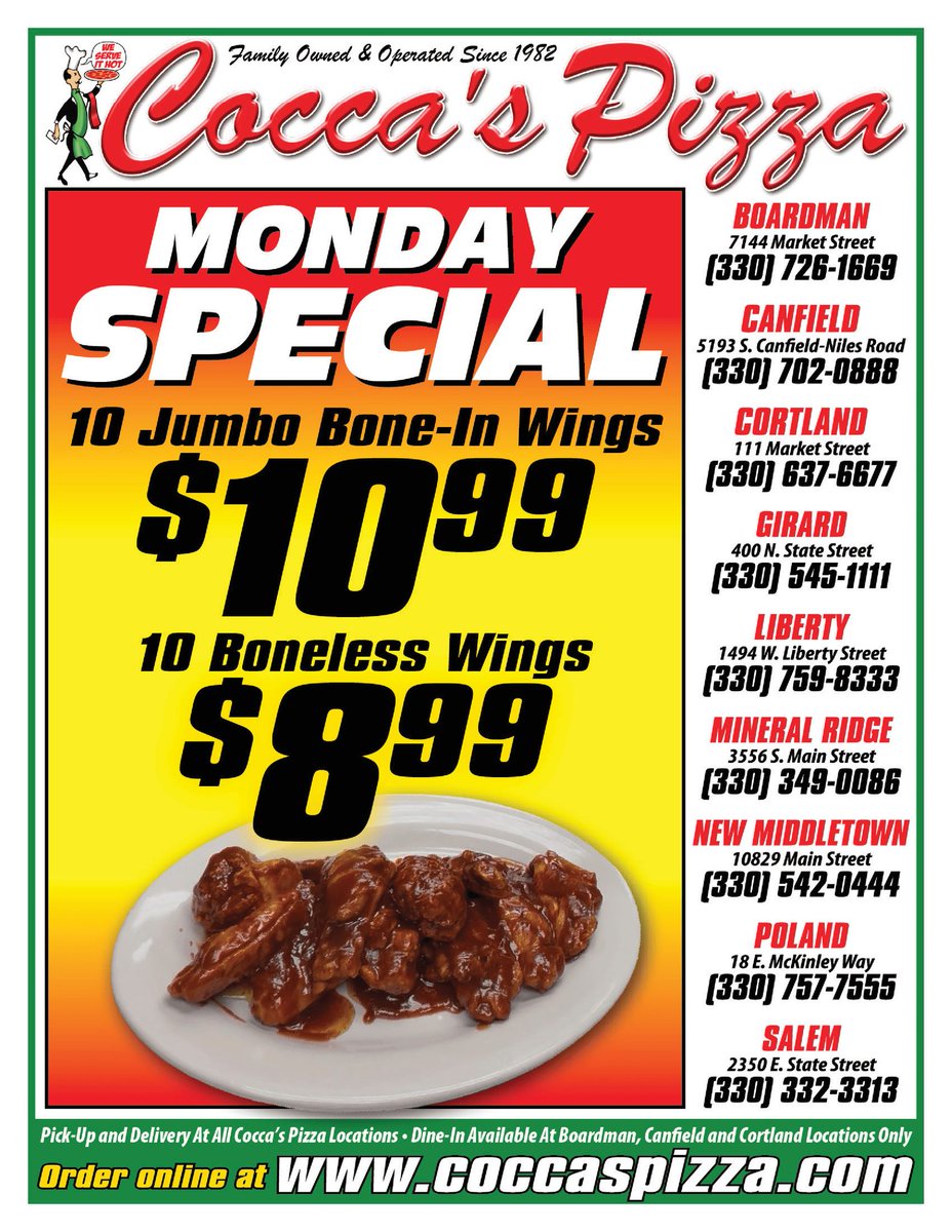 CoccasP's tweet photo. Start your week with Cocca’s Pizza Monday Special! 🍕 Enjoy it with Pick-up and Delivery available at all locations. Dine-In only at Boardman, Canfield, and Cortland. https://t.co/bBIeO0okP5 https://t.co/pem0yIWdSg