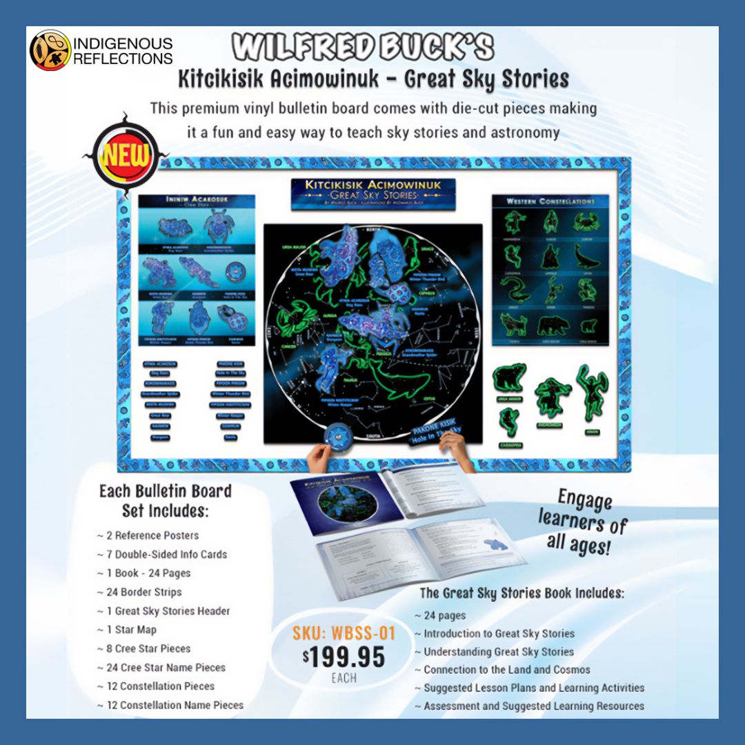 IndigenousRefl1's tweet photo. Introducing  Wilfred Buck's Kitcikisik Acimowinuk - Great Sky Stories Bulletin Board.
This premium vinyl bulletin board comes with die-cut pieces, making it a fun &amp; easy way to teach sky stories &amp; astronomy, for learners of all ages. 
@IndigenousRefl1: https://t.co/JbZRxQwKCk https://t.co/jWns0uNFHR