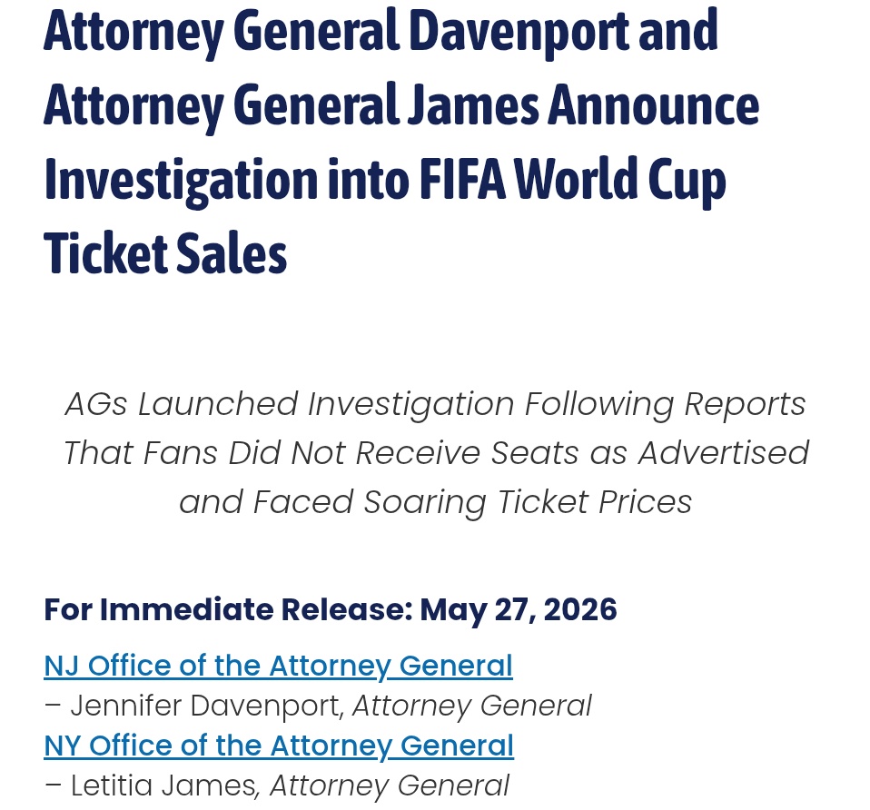 nySoccerTimes's tweet photo. The attorneys general of New Jersey and New York are investigating FIFA’s 2026 World Cup ticketing practices. The investigation focuses on high ticket prices and fans being misled as to what they were buying. https://t.co/HzwNoRCrpu
