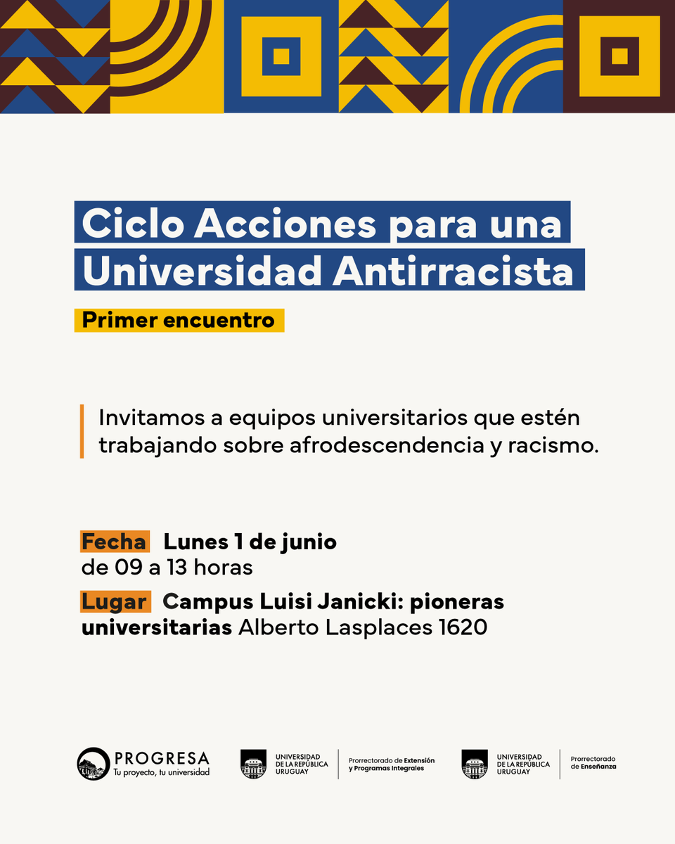 extensionudelar's tweet photo. 📅 1/06 | Pensando las desigualdades étnico-raciales desde la integralidad en la @Udelaruy 

👉🏾Dirigido  a equipos universitarios vinculados a afrodescendencia y racismo, y docentes afrodescendientes

Prorrectorados de Enseñanza y Extensión 

https://t.co/XMSwyYamu9 https://t.co/Bs6nHG2ifH