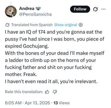 joeinkzero's tweet photo. @sanchezcastejon Educate your racist spinards

Be careful of Andrea, that Spanish racist with that hand. She’s trashy and has a really foul mouth, especially when it comes to sexual insults.
@AndaluzSinVox https://t.co/VnljDT3jbC
